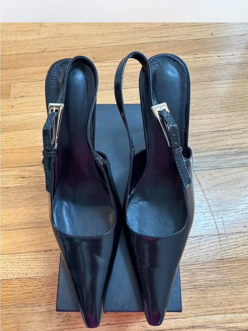 Black Patent Slingback Heels with Gold Stiletto